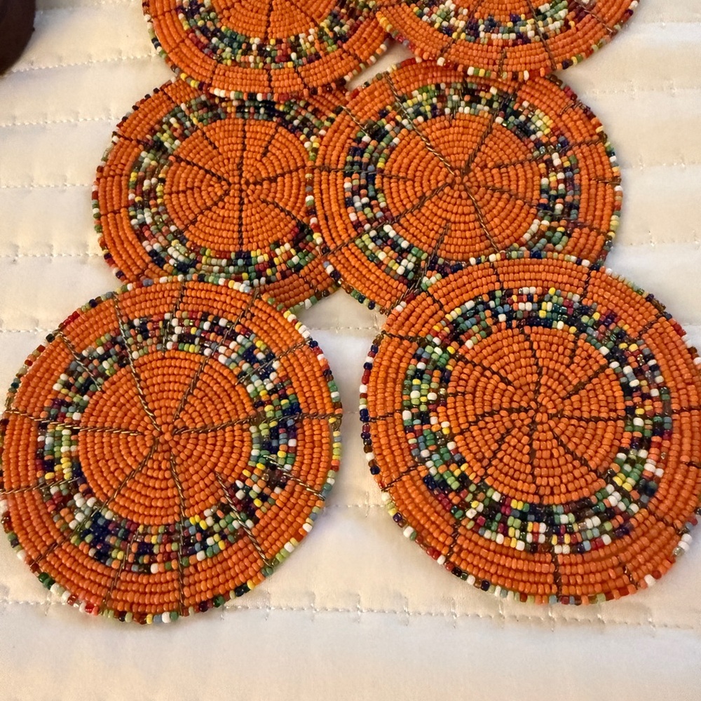 Handmade Orange Beaded Coasters - Set of 6
